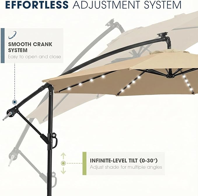 wikiwiki 10ft Solar LED Patio Umbrella with Base Included, Offset Umbrella with Weighted Sandbag Base, Cantilever Patio Umbrellas for Backyard, Garden & Deck, 32 LED Lights & Polyester Shade, Tan - Image 6