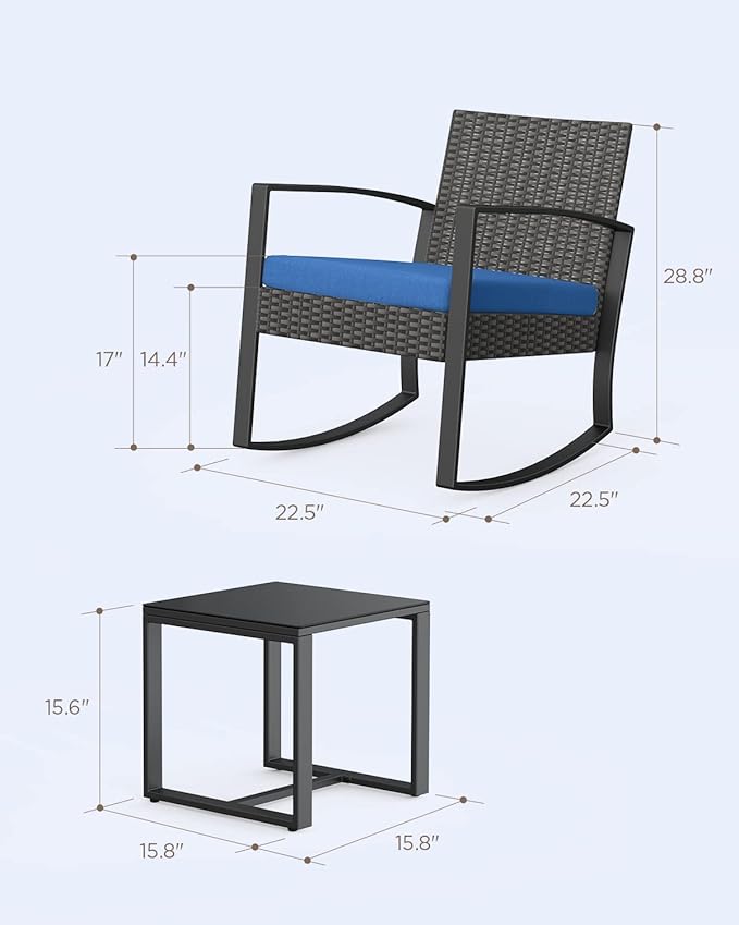 3 Piece Patio Bistro Set Patio Furniture Set Outdoor Wicker Rocking Furniture Conversation Set with Tempered Glass Coffee Table for for Front Porch Balcony and Deck (Blue Cushion) - Image 9