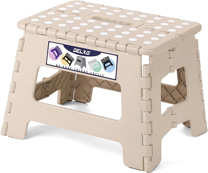 Delxo Folding Step Stool,9 Inch Lightweight Plastic Stepstool,Portable Collapsible Foldable Step Stool Non Slip Folding Stools for Kitchen Bathroom Bedroom in Khaki,1 Pack by Delxo