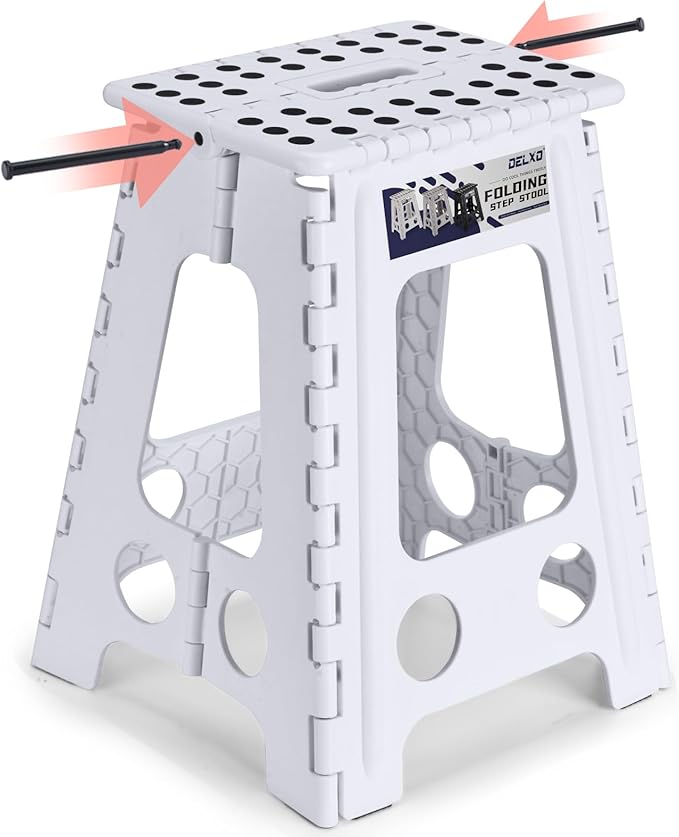 Delxo Folding Step Stool 17.5 Inch White Step Stools for Kids Foldable,Portable Collapsible Step Stool with Handle, Folding Stool for Kitchen Bathroom,Bedroom,Garden by Delxo