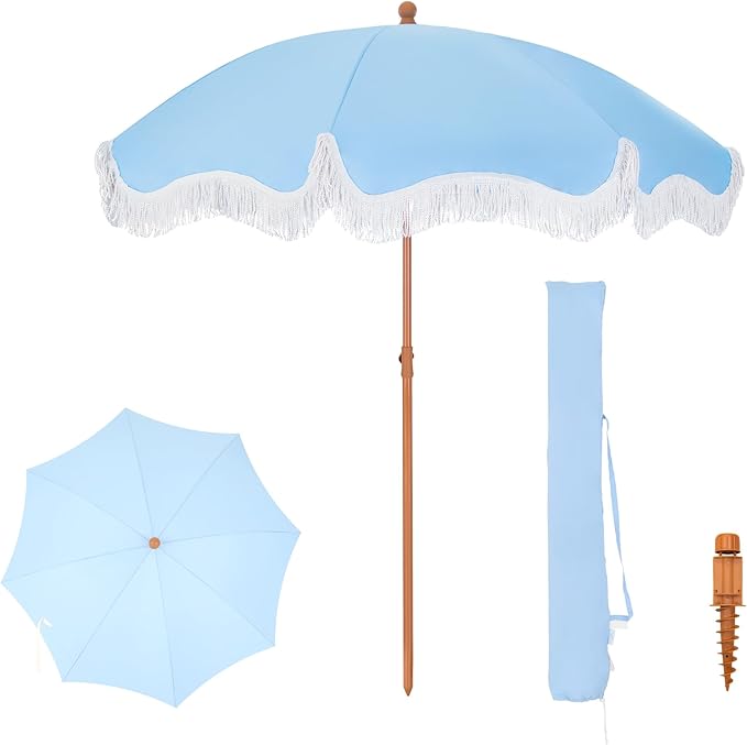 PHI VILLA 7ft Beach Umbrella with Fringe & Sand Anchor, Outdoor Patio Heavy Duty Windproof Portable Tassel Umbrellas for Sand with Push Button Tilt & Carrying Bag, UPF 50+, Light Blue (No Base) by PHIVILLAThepioneerofcomfortablehouseholdsupplies