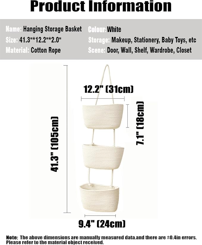 AARAINBOW Wall Hanging Cotton Baskets, Large 3 Tier Decorative Basket - Image 2