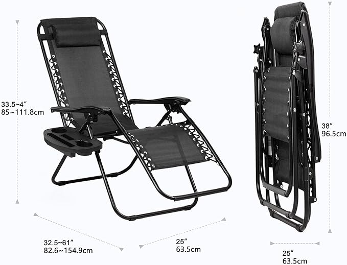 Nazhura Set of 2 Relaxing Recliners Patio Chairs Adjustable Steel Mesh Zero Gravity Lounge Chair Beach Chairs with Pillow and Cup Holder Black - Image 3