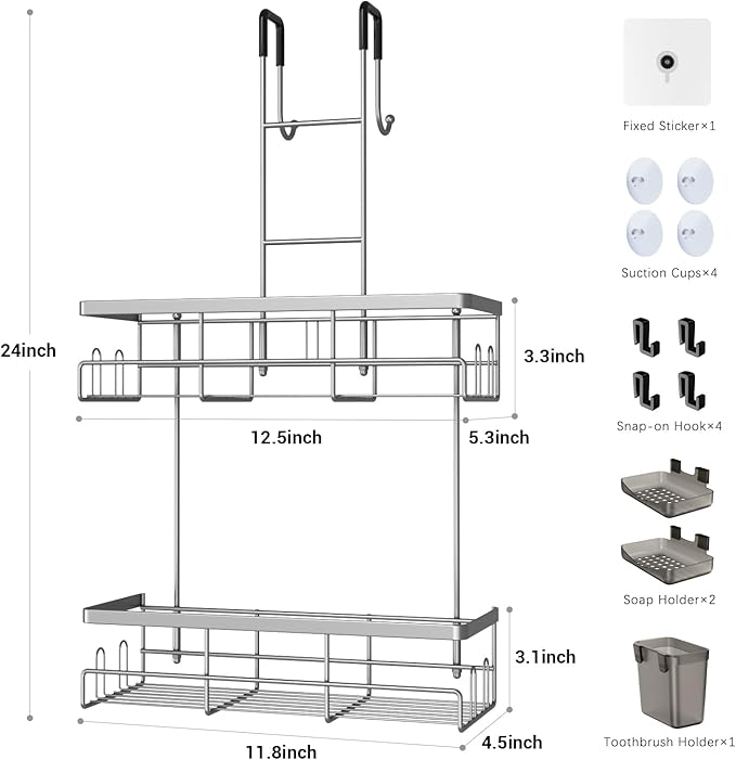 Hanging Shower Caddy Over Door: Silver Rustproof Shower Organizer over the Door - Image 7