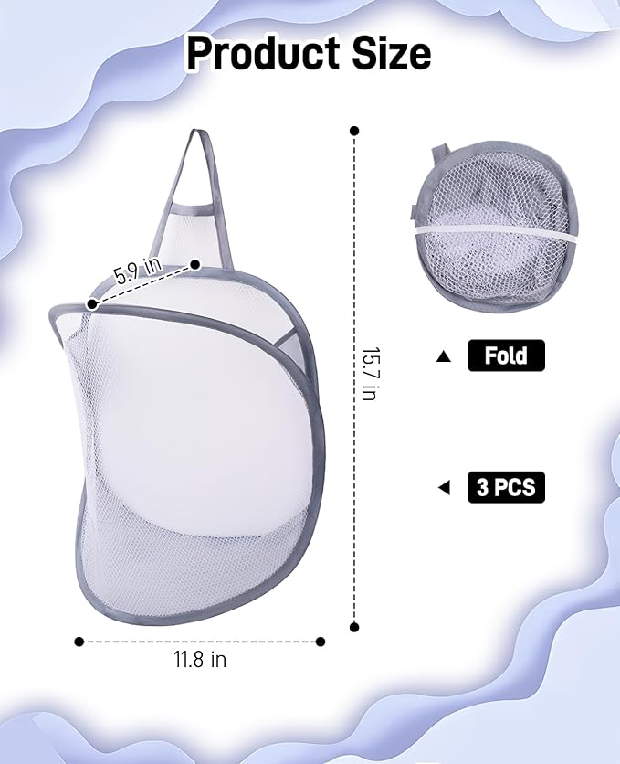 3 Pack Small Hanging Laundry Bag, Foldable Mini Mesh Laundry Hamper Basket - Image 3