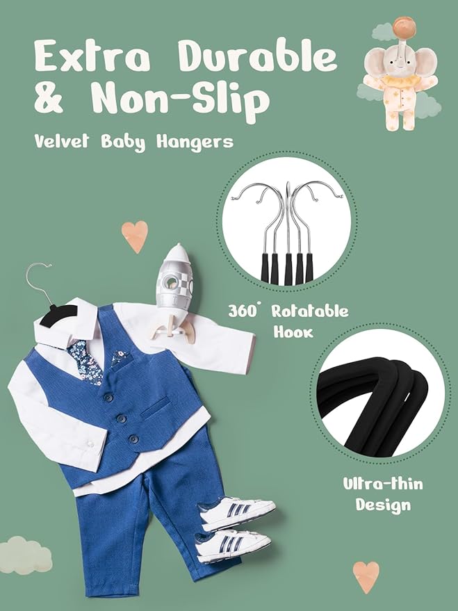 HOUSE DAY 11 Inch Velvet Baby Hangers 50 Pack Black, Premium Kids Hangers - Image 5