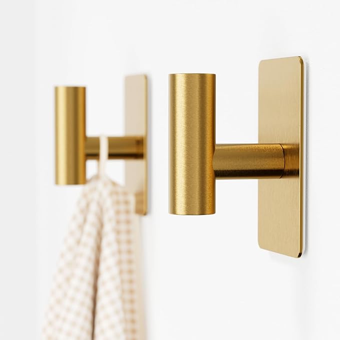 Towel Hooks for Bathrooms – 2 Pack, Brushed Gold Finish, T-Shaped Stainless by GWAAZXGZ