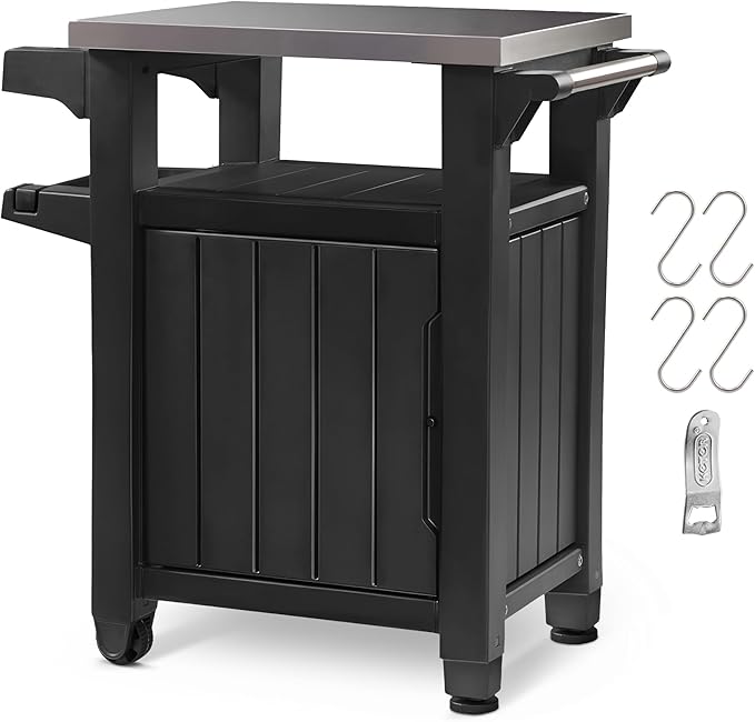 Keter Unity Small 40 Gallon Grill Prep Table and Storage Cart, Grey – BBQ Station with Wheels and Stainless Steel Top, Portable Serving Stand for Patio, Deck, and Backyard by Keter