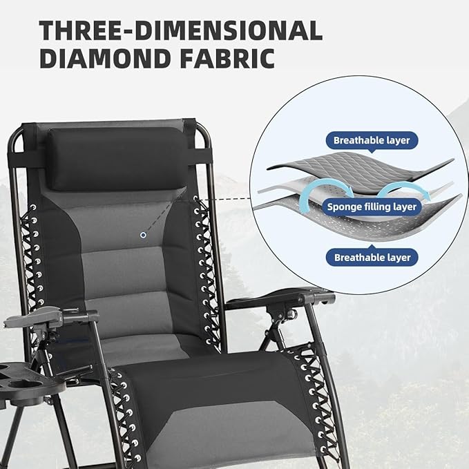 Zero Gravity Chair Set of 2 Oversized Padded Recliner with Adjustable Headrest & Cup Holder - 600D Oxford Folding Lounge Chair for Outdoor Camping, Patio, Poolside (Black & Gray) - Image 6