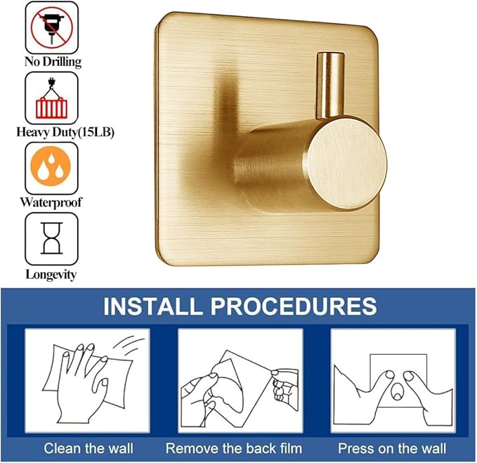 Gold Adhesive Hooks 15LB, Non Tarnish Sticky Hooks - Image 2