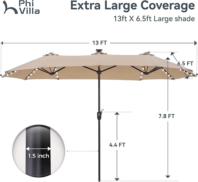 PHI VILLA 13ft Patio Umbrella with Solar-Powered 120 PCS LED Color-Changing Lights, Triple-Head Large Rectangle Umbrella Outdoor Patio for Table with Crank Lift,Beige(No Base) - Image 6