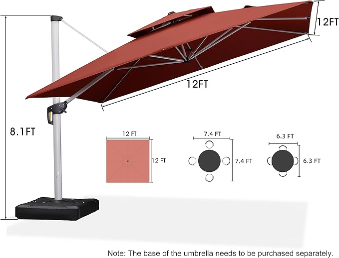 PURPLE LEAF 12 Feet Double Top Deluxe Square Patio Umbrella Offset Hanging Umbrella Cantilever Outdoor Market Garden Umbrella, Brick Red - Image 8