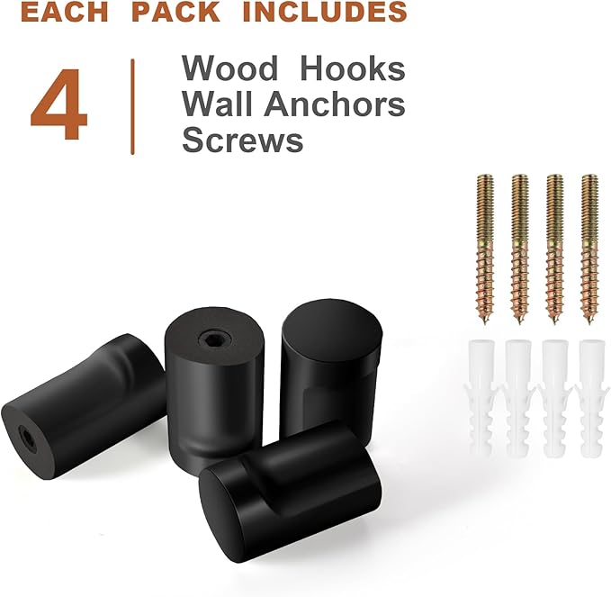 Wood Wall Hooks, 4 Pack Black Decorative Coat Hooks Wall Mounted, Heavy Duty - Image 6