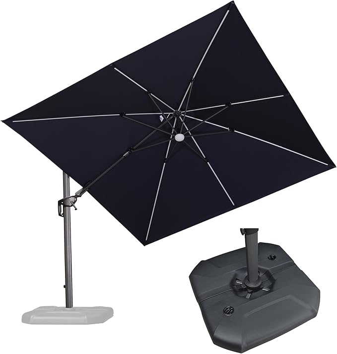 PURPLE LEAF 10 Feet Patio Umbrella with Base Outdoor Patio Solar Powered LED Swivel Square Umbrella Aluminum Offset Umbrella with 360-degree Rotation for Garden Deck Pool Patio, Navy Blue by PURPLELEAF