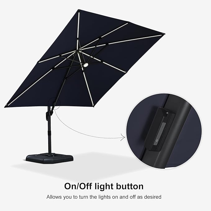 PURPLE LEAF 10 Feet Patio Umbrella with Base Outdoor Cantilever Solar Powered LED Square Umbrella Aluminum Offset Umbrella with 360-degree Rotation for Garden Deck Pool Patio Navy - Image 7