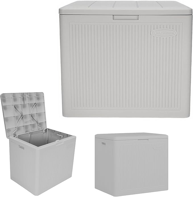 Suncast 22-Gal. Resin Small Outdoor Patio Deck Box with Reeded Design, Modern Outdoor Patio Bench/Storage Box for Cushions, Garden Tools, and More, French Gray by Suncast
