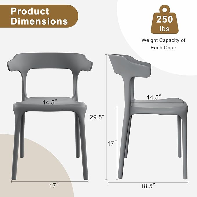 VECELO 4 Pack Plastic Stacking Chairs, Stackable Dining Chairs for Kitchen Restaurant Patio, Portable Indoor Outdoor Use, No Assembly Required, Gray - Image 3