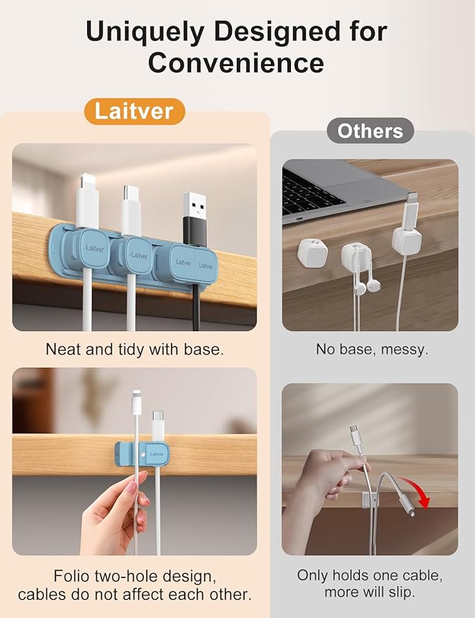 6 Pack Magnetic Cable Clips, Laitver Cord Organizer Holder Strong Adhesive Desk - Image 3