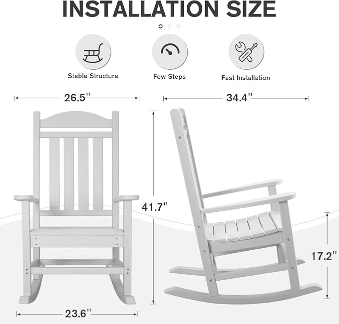 Devoko HDPE Rocking Chair Plastic Outdoor Indoor Patio Rocker Chair High Back All Weather Rocker for Patio Backyard Porch Garden (White) - Image 3