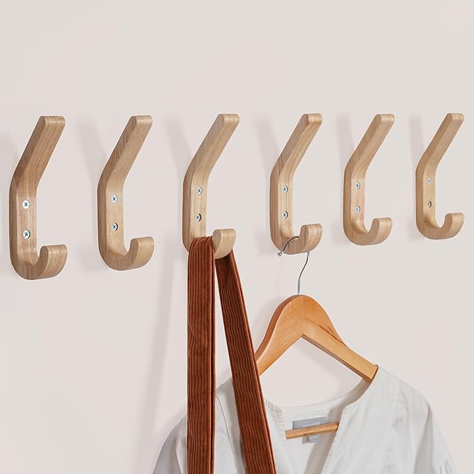 Wooden Coat Hooks for Wall, 6 Pack Wall Mounted Natural Wood Hooks, Modern by CRSWHA