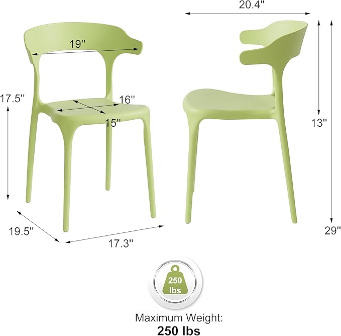 Modern Stackable Dining Chair Set, No Assembly, Plastic Chair, Patio Chair, Suitable for Indoor and Outdoor Cafes and Restaurants, Set of 4 (Pistachio Green) - Image 3