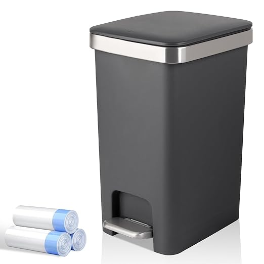 Small Bathroom Trash Can with Lid and 3 Rolls Trash Bags, Step Pedal by UUJOLY