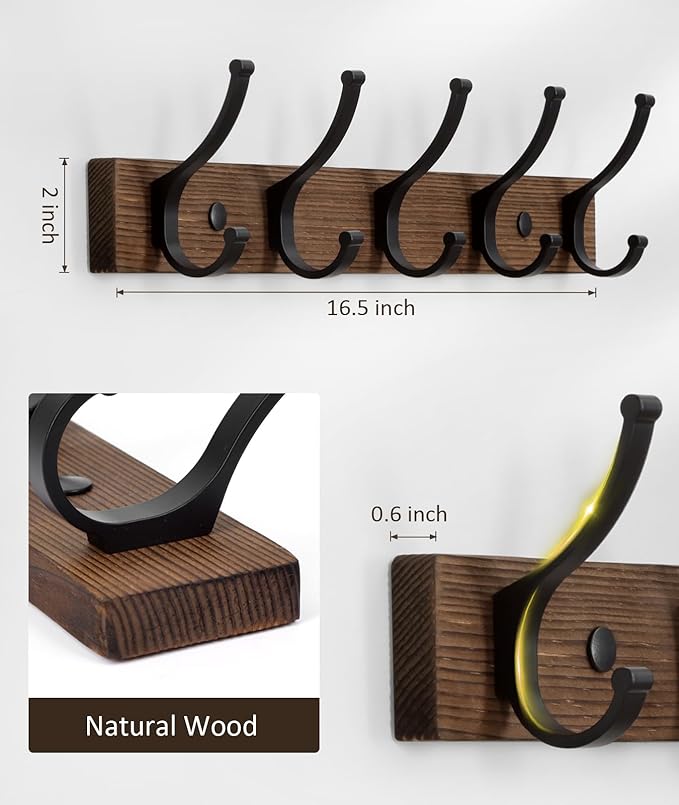 Coat Rack Wall Mount, 16.5 Inches Wood Coat Hooks, Wall Hooks - Image 7