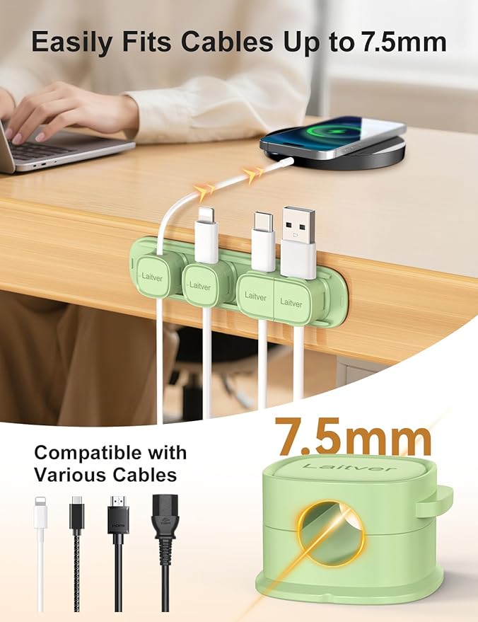 6 Pack Magnetic Cable Clips, Laitver Cord Organizer Holder Strong Adhesive Desk - Image 7
