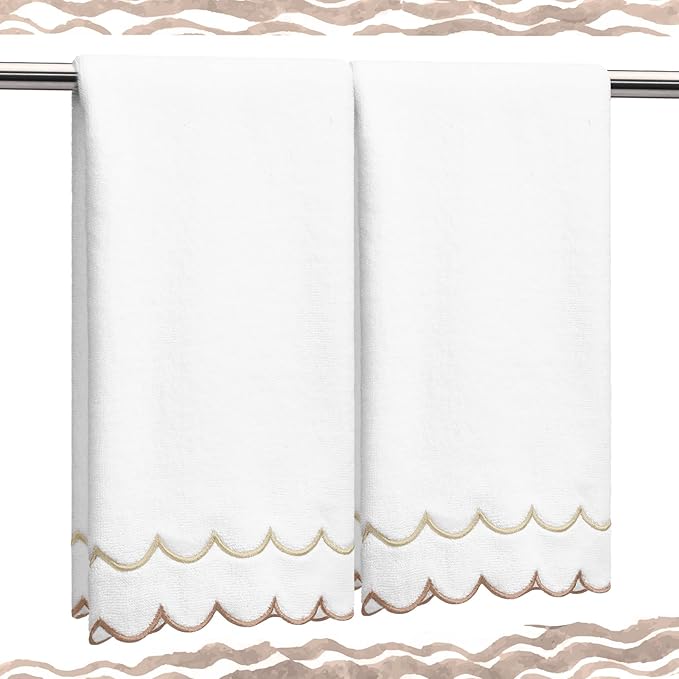 2 Pcs Scalloped Hand Towels 100% Cotton Fingertip Towels by Hahafelt