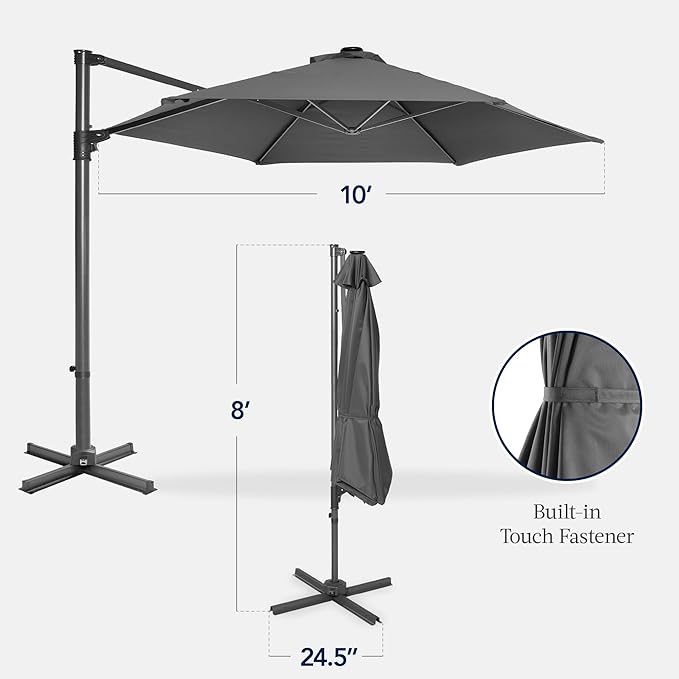 Best Choice Products 10ft Offset Cantilever Hanging Market Patio Umbrella, Smooth 360° Rotation, 8 Sturdy Ribs, Easy Adjustment - Gray - Image 2