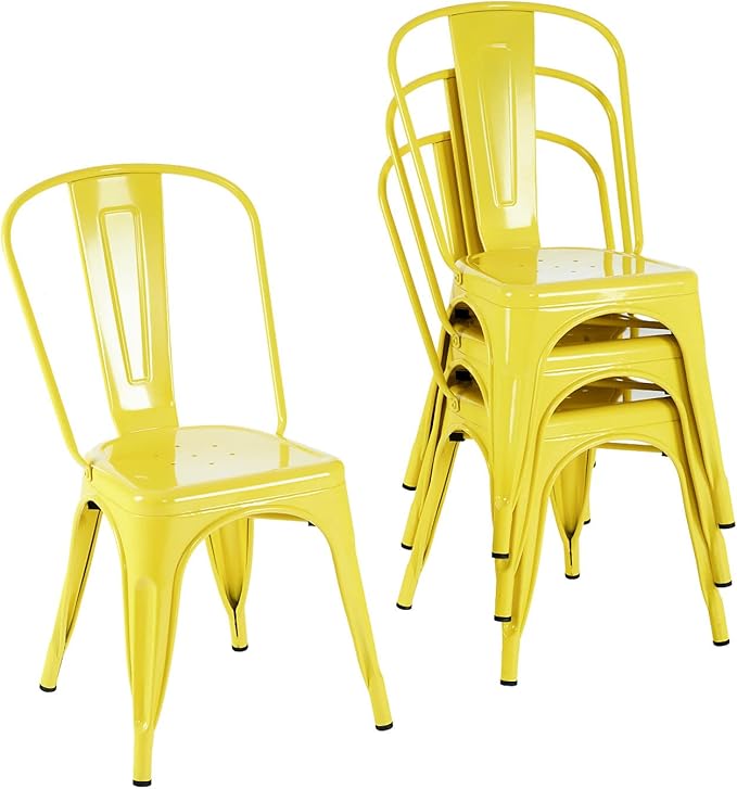 Nazhura Metal Dining Chair Farmhouse Tolix Style for Kitchen Dining Room Café Restaurant Bistro Patio, 18 Inch, Stackable, Waterproof Indoor/Outdoor (Sets of 4) (Steel Seat, Yellow) by NazhuraGoodCompanionAtHome