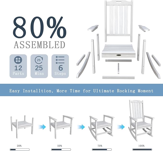 Oversized Rocking Chair Set of 4, Outdoor Rocking Chair for Adults, All Weather Resistant Porch Rocker for Lawn Garden, White - Image 9