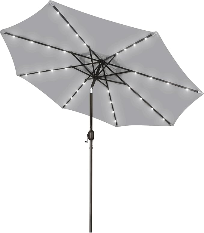 Blissun 9 ft Solar Umbrella, Patio Umbrella with 32 LED Lights, Table Market Umbrella, Outdoor Umbrella for Garden, Deck, Backyard (Light Grey) by Blissun