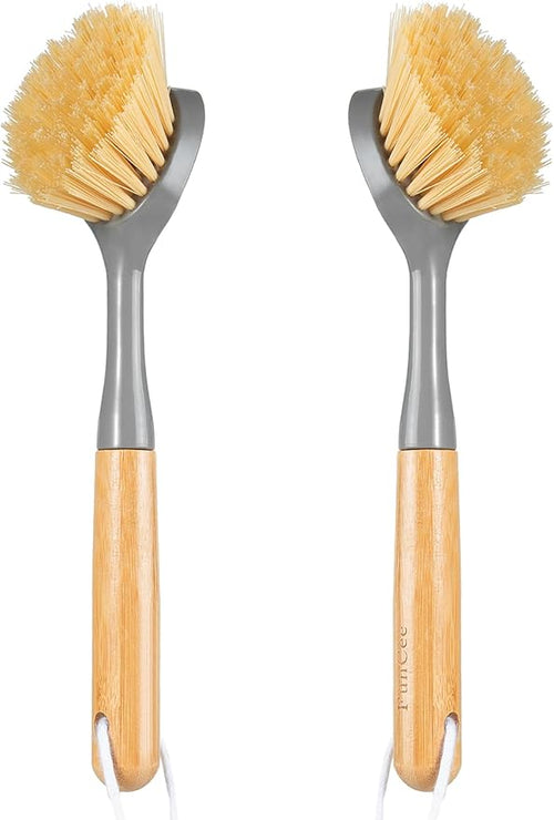 2 Pack Dish Brushes with Bamboo Handle, Kitchen Dish Scrubber Built-in Scraper by FunCee