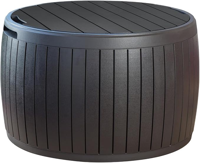 Keter Circa 37 Gallon Deck Box Organizer, Works as Ottoman Chair or Side Table, Brown – Large Resin Round Outdoor Storage and Seating for Garden, Pool, and Patio by Keter