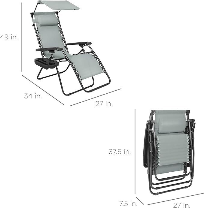 Best Choice Products Folding Zero Gravity Outdoor Recliner Patio Lounge Chair w/Adjustable Canopy Shade, Headrest, Side Accessory Tray, Textilene Mesh - Stardew - Image 3