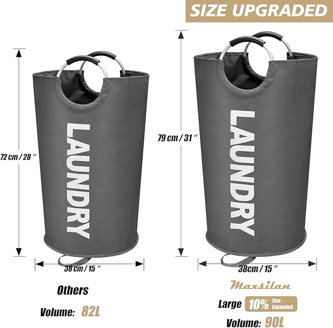 90L Large Laundry Basket, Freestanding Tall Clothes Hamper, Collapsible Laundry - Image 3