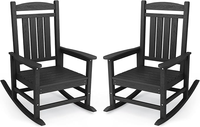 KINGYES Oversized HDPE Outdoor Rocking Chair Set of 2, Widened Seat Patio Rocking Chair, All Weather Patio Rocker, Black by KINGYES