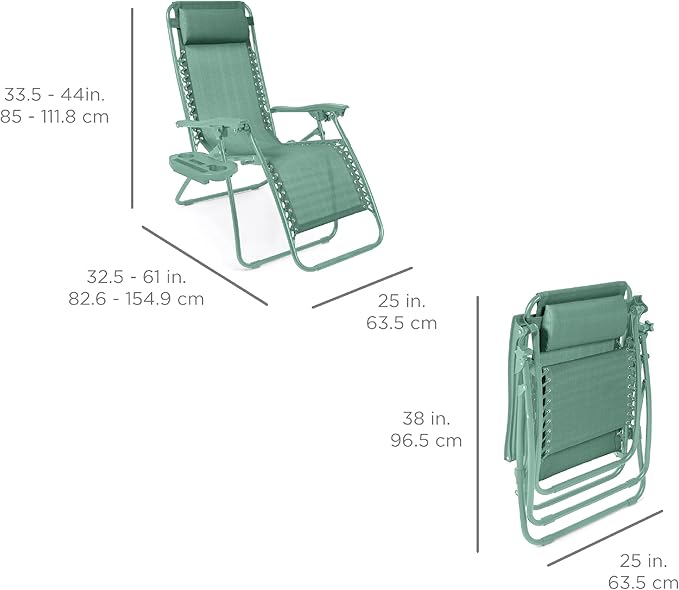 Best Choice Products Set of 2 Adjustable Steel Mesh Zero Gravity Lounge Chair Recliners w/Pillows and Cup Holder Trays - Seafoam - Image 2