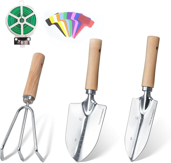 Garden Tool Set, 3 Pieces Gardening Kit with Garden Plant Twist Tie and Plastic Plant Tag, Stainless Steel Heavy Duty Garden Tools with Wooden Handle, Gardening Gifts for Women by HoHaing