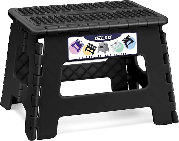 Delxo Folding Step Stool 9 Inch Non-Slip Foldable Stools for Kids & Adults Up to 300 LBS Kitchen Collapsible Fold Up Stepping Stool with Dotted 1 Pack Black by Delxo