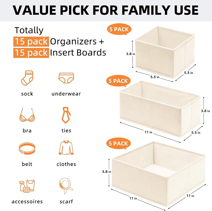 Criusia Closet Drawer Organizer Clothes, 15 Pack Dresser Organizer - Image 3