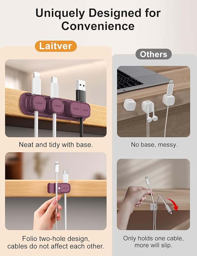 6 Pack Magnetic Cable Clips, Laitver Cord Organizer Holder Strong Adhesive Desk - Image 3