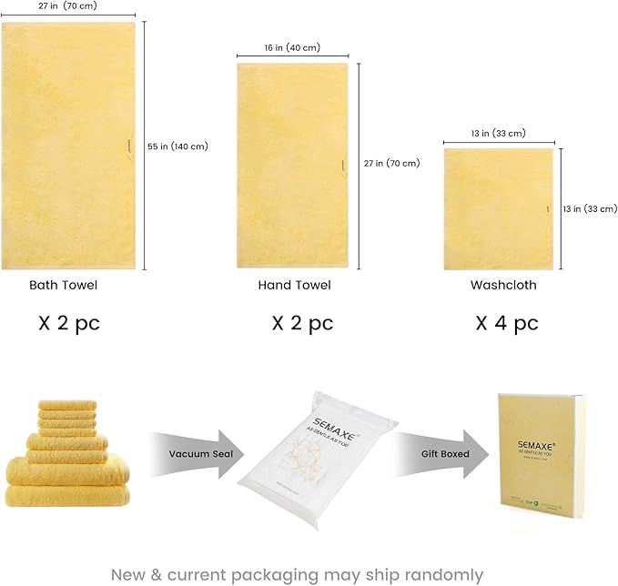 SEMAXE Yellow Bath Towel Set, 100% Cotton Absorbent Bathroom Towels - Image 2