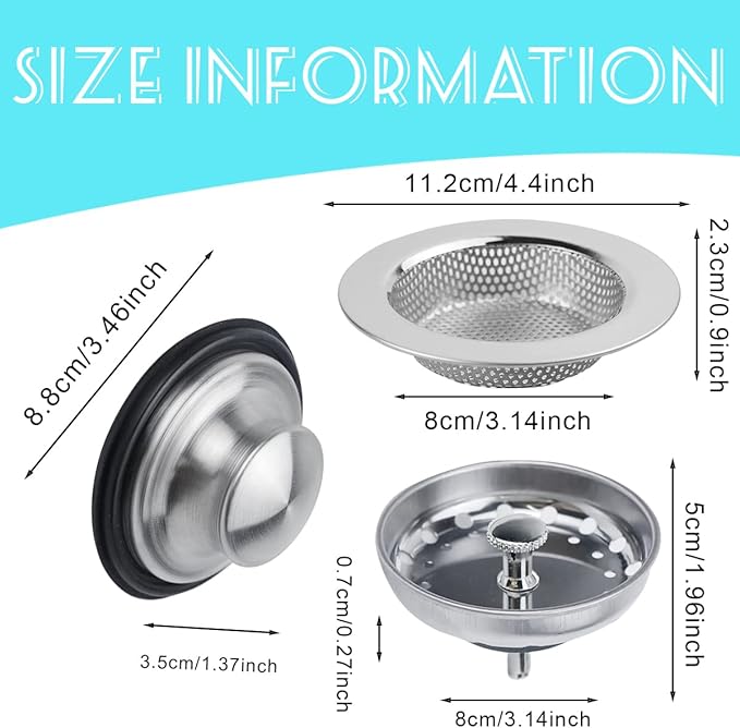 3 Pieces Kitchen Sink Stopper Strainer, 3 in 1 Kitchen Sink Basket Strainer - Image 3