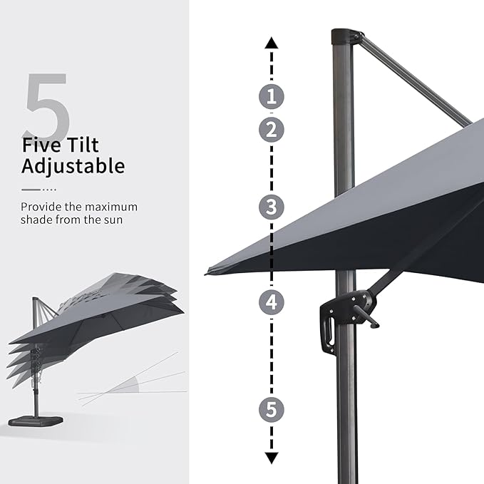 PURPLE LEAF 10' X 13' Patio Umbrella with Base Outdoor Cantilever Rectangle Offset Umbrella with 360-degree Rotation for Garden Deck Pool Patio Light Grey - Image 6