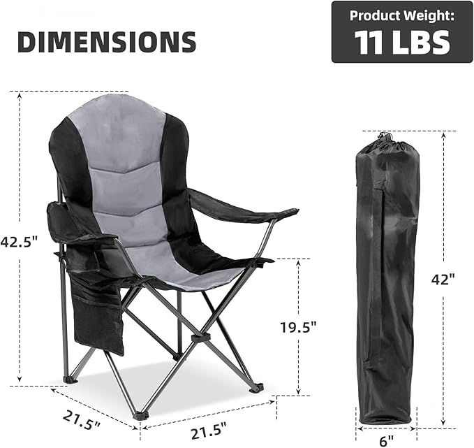 2 Pack Folding Camping Chairs for Adults - High Back Padded Outdoor Lawn Chairs with Lumbar Support & Cup Holder, 400lbs Heavy Duty Portable Camping Chairs Set (Black & Light Gray) - Image 2
