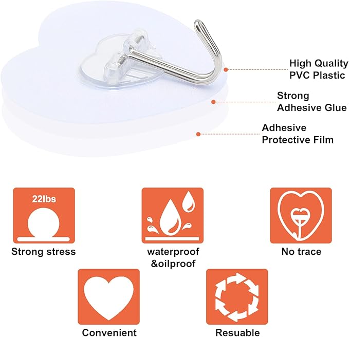 Adove Adhesive Hooks for Hanging, 24 Pack Heavy Duty Wall Hooks, Towel Coat - Image 3