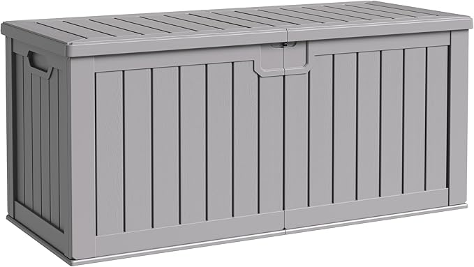 Flamaker Resin Deck Box 250 Gallon, Waterproof Imitation-Wood Lockable Storage Box with Separator Plate Outdoor Indoor, Garden, Patio Furniture for Tools&Pool Accessories (Gray) by Flamaker