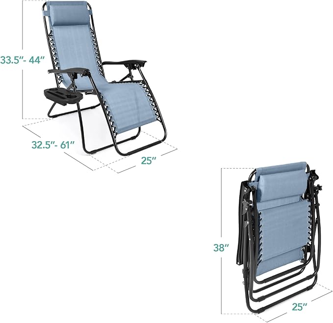 Best Choice Products Set of 2 Adjustable Steel Mesh Zero Gravity Lounge Chair Recliners w/Pillows and Cup Holder Trays - Dusty Blue/Black - Image 2